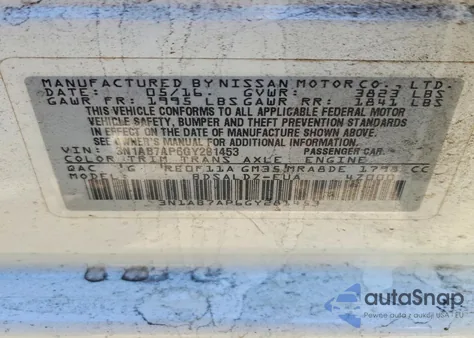 2016 Nissan Sentra S z USA, uszkodzony, nr VIN 3N1AB7AP6GY281453